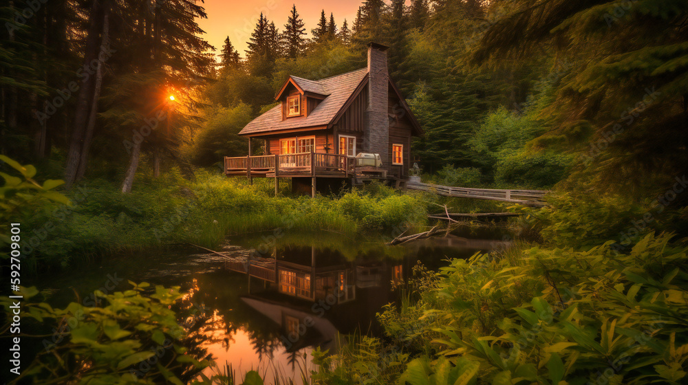 A dreamy image of a rustic luxury cabin in a lush forest, overlooking a tranquil lake at sunset