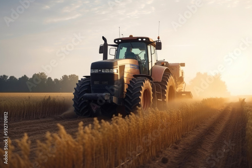 Tractor is going trough agriculture field full of gold wheat. Generative AI