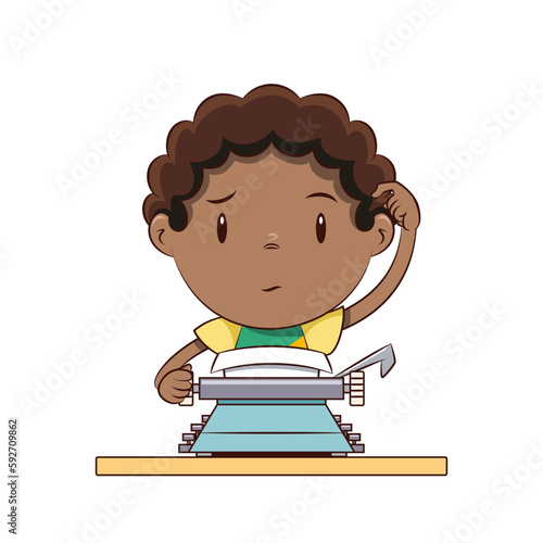 Boy writing on typewriter, writer, thinking