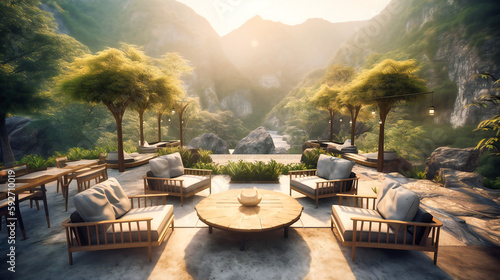 A panoramic view of a luxurious outdoor lounge area surrounded by majestic mountains and crystal-clear streams © Nilima