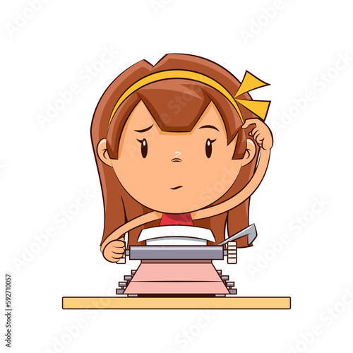 Girl writing on typewriter, writer, thinking