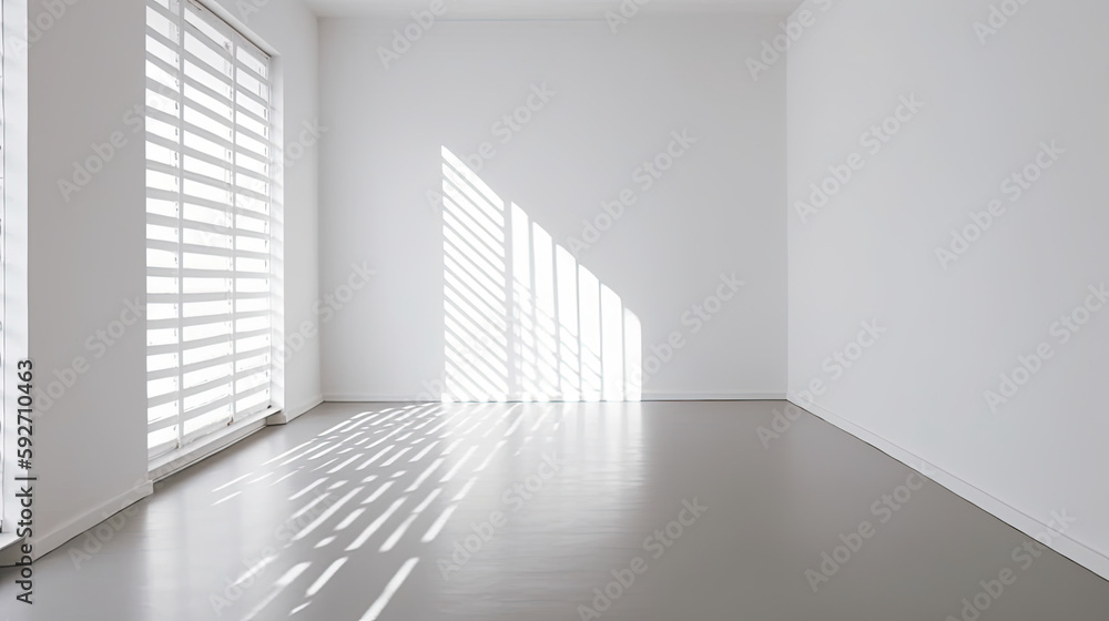 Fototapeta premium Empty room. Interior space, with shadows reflected by the bright daylight coming through the windows. Generative AI