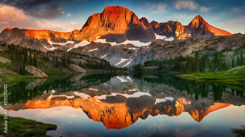 A breathtaking mountain landscape featuring a pristine lake reflecting the warm colors of a sunset