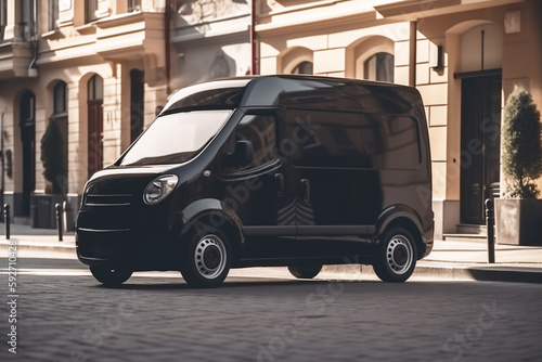 Black contemporary unbranded mock up EV minibus in summer city. Generative AI