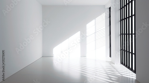 Empty room. Interior space  with shadows reflected by the bright daylight coming through the windows. Generative AI