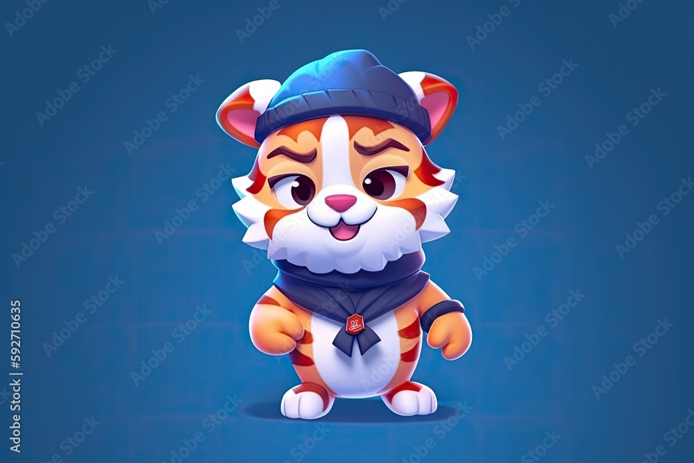 A watercolor depicts a cartoon tiger cub wearing a knitted cap, signifying the Chinese New Year. Generative AI A watercolor depicts a cartoon tiger cub wearing a knitted cap, signifying the Chinese New Year. Generative AI