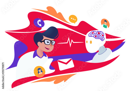 Human versus machine with artificial intelligence. Machine learning and human interaction. AI for customer service and experience.