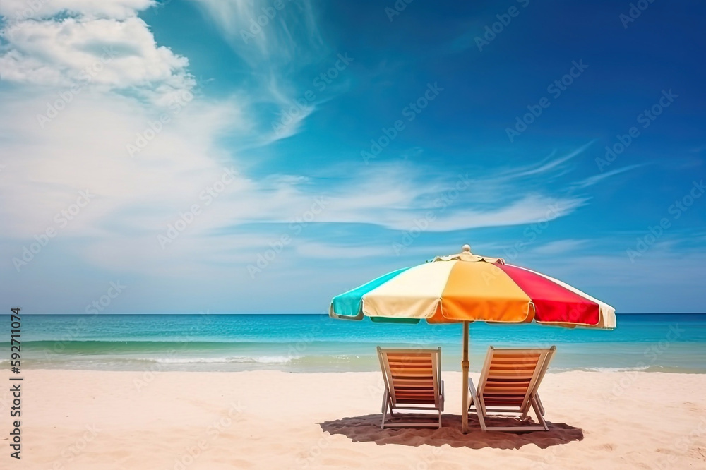 White Sandy Beach with Beach Chairs and a Colorful Umbrella, Generative AI