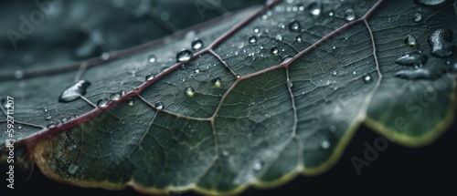 Close-up view of a leaf, with water droplets on its surface and visible veins. Generative AI