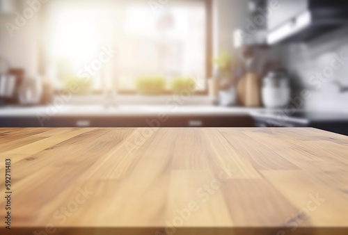 Wooden table in a kitchen, sunshine and bright environment. Created using generative AI