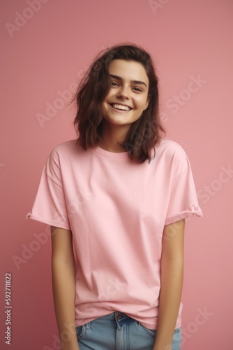 Playful woman in pink shirt on pink background. copy space. Generative AI