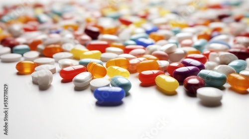 Closeup of colorful pills on white background. Generative AI