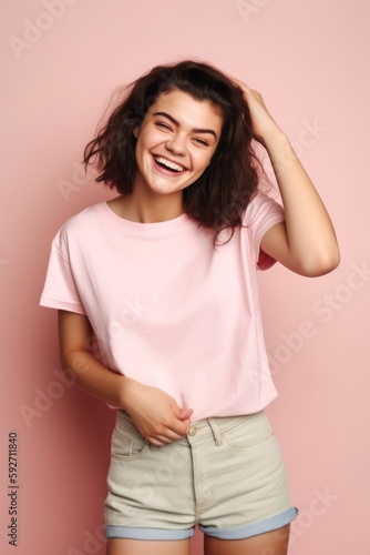 beautiful Playful woman in pink shirt on pink background. copy space. Generative AI