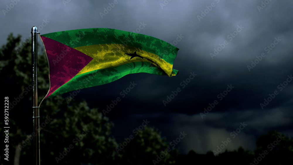 Sao Tome and Principe flag for national celebration on dark storm cumulus - abstract 3D rendering