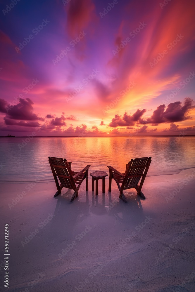 Two beach chairs on the beach of the Maldives at a beautiful sunset. Generative AI