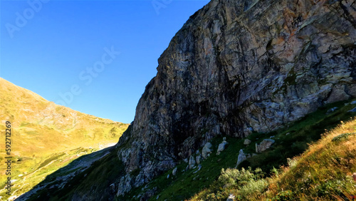 mountainscape, view of Arkhyz mountain ridge at autumn with blue sky - photo of nature