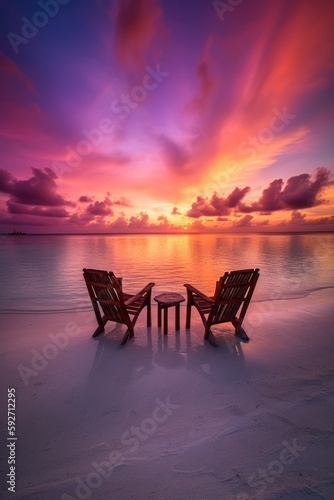 Two beach chairs on the beach of the Maldives at a beautiful sunset. Generative AI © piai