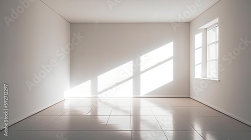 Empty room. Interior space  with shadows reflected by the bright daylight coming through the windows. Generative AI