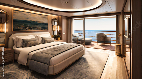A luxurious image of a spacious master suite on a yacht, with stunning sea views and sumptuous decor