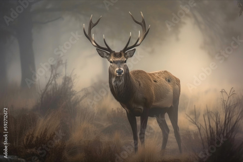 Foggy misty Autumn forest landscape at dawn with red deer stag. Generative AI