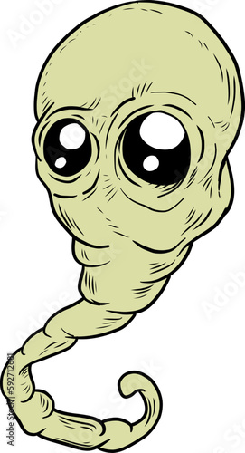 An alien creature with a big head, long tail and no mouth. Vector illustration