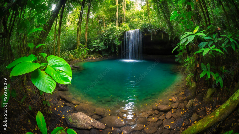 A soothing close-up view of a refreshing waterfall cascading into a serene, lush oasis