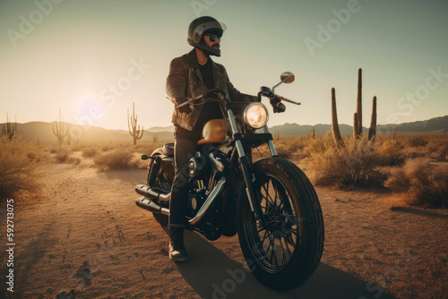 Man in a leather motorcycle jacket with a motorcycle custom racer in a helmet. Generative AI © AIproduction