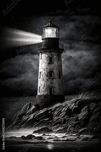 a black and white photo of lighthouse on rocky island. generative ai.