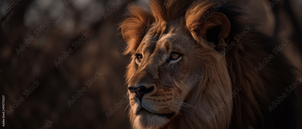 Fototapeta premium Majestic lion captured in its natural habitat, surrounded by tall grass and trees. Generative AI