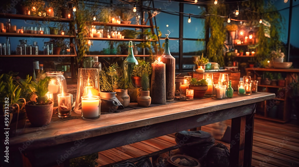 A dreamy image of a candle-lit rooftop cocktail bar, nestled in a lush garden at sunset