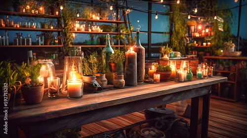 A dreamy image of a candle-lit rooftop cocktail bar  nestled in a lush garden at sunset