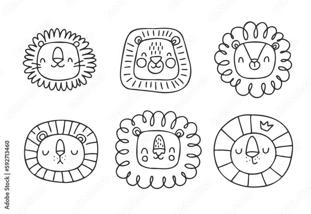 Lion heads set. Funny vector character drawing. Lion heads set. Funny vector character drawing.