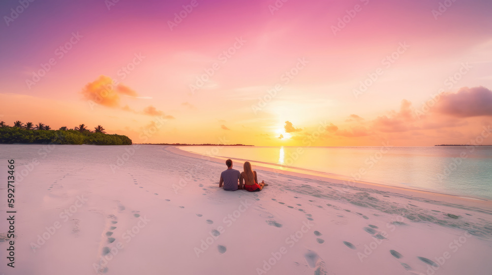 Couple walk along the pristine white sand beach at sunset. Generative AI