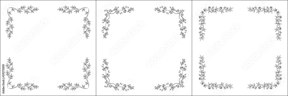 Set of three vector frames. Elegant black and white monochrome ornamental border for greeting cards, banners, invitations. Vector frame for all sizes and formats. Isolated vector illustration.