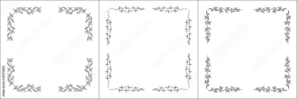 Set of three vector frames. Elegant black and white monochrome ornamental border for greeting cards, banners, invitations. Vector frame for all sizes and formats. Isolated vector illustration. Set of three vector frames. Elegant black and white monochrome ornamental border for greeting cards, banners, invitations. Vector frame for all sizes and formats. Isolated vector illustration.