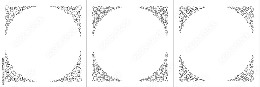 Set of three vector frames. Elegant black and white monochrome ornamental border for greeting cards, banners, invitations. Vector frame for all sizes and formats. Isolated vector illustration. Set of three vector frames. Elegant black and white monochrome ornamental border for greeting cards, banners, invitations. Vector frame for all sizes and formats. Isolated vector illustration.