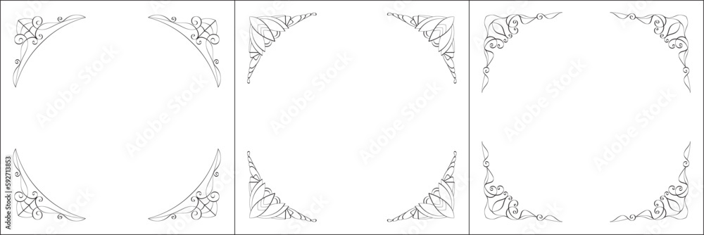 Set of three vector frames. Elegant black and white monochrome ornamental border for greeting cards, banners, invitations. Vector frame for all sizes and formats. Isolated vector illustration. Set of three vector frames. Elegant black and white monochrome ornamental border for greeting cards, banners, invitations. Vector frame for all sizes and formats. Isolated vector illustration.