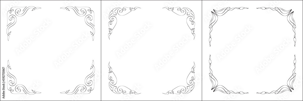 Set of three vector frames. Elegant black and white monochrome ornamental border for greeting cards, banners, invitations. Vector frame for all sizes and formats. Isolated vector illustration. Set of three vector frames. Elegant black and white monochrome ornamental border for greeting cards, banners, invitations. Vector frame for all sizes and formats. Isolated vector illustration.