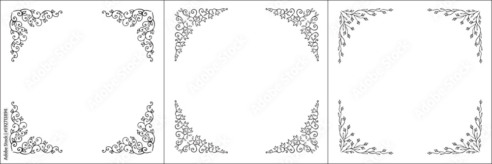 Set of three vector frames. Elegant black and white monochrome ornamental border for greeting cards, banners, invitations. Vector frame for all sizes and formats. Isolated vector illustration. Set of three vector frames. Elegant black and white monochrome ornamental border for greeting cards, banners, invitations. Vector frame for all sizes and formats. Isolated vector illustration.