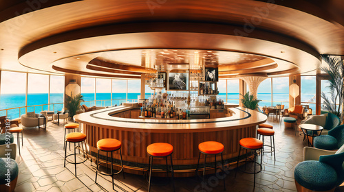 A stunning image of a chic rooftop bar and lounge at a luxurious beachfront hotel  with a panoramic ocean view and a trendy vibe