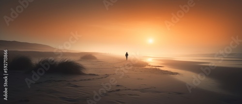 Misty beach at sunset. Generative AI