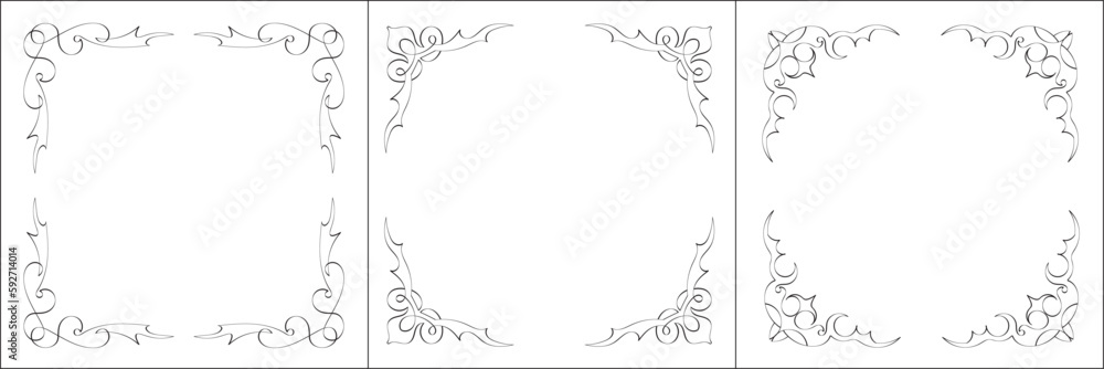 Set of three vector frames. Elegant black and white monochrome ornamental border for greeting cards, banners, invitations. Vector frame for all sizes and formats. Isolated vector illustration. Set of three vector frames. Elegant black and white monochrome ornamental border for greeting cards, banners, invitations. Vector frame for all sizes and formats. Isolated vector illustration.