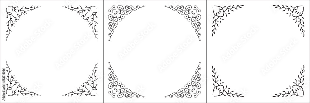 Set of three vector frames. Elegant black and white monochrome ornamental border for greeting cards, banners, invitations. Vector frame for all sizes and formats. Isolated vector illustration. Set of three vector frames. Elegant black and white monochrome ornamental border for greeting cards, banners, invitations. Vector frame for all sizes and formats. Isolated vector illustration.