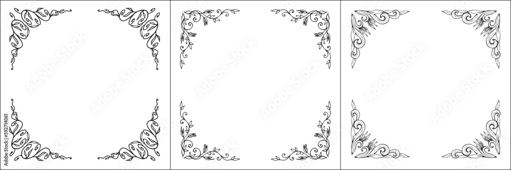 Set of three vector frames. Elegant black and white monochrome ornamental border for greeting cards, banners, invitations. Vector frame for all sizes and formats. Isolated vector illustration. Set of three vector frames. Elegant black and white monochrome ornamental border for greeting cards, banners, invitations. Vector frame for all sizes and formats. Isolated vector illustration.