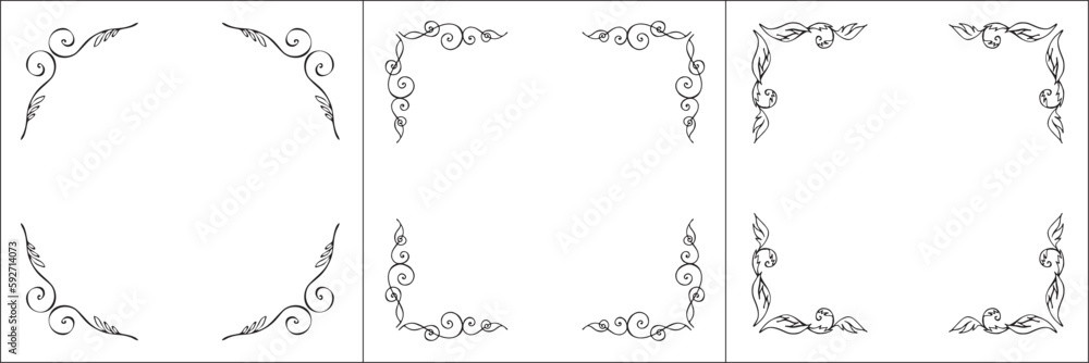 Set of three vector frames. Elegant black and white monochrome ornamental border for greeting cards, banners, invitations. Vector frame for all sizes and formats. Isolated vector illustration. Set of three vector frames. Elegant black and white monochrome ornamental border for greeting cards, banners, invitations. Vector frame for all sizes and formats. Isolated vector illustration.
