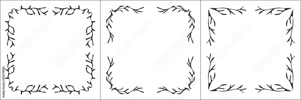 Set of three vector frames. Elegant black and white monochrome ornamental border for greeting cards, banners, invitations. Vector frame for all sizes and formats. Isolated vector illustration. Set of three vector frames. Elegant black and white monochrome ornamental border for greeting cards, banners, invitations. Vector frame for all sizes and formats. Isolated vector illustration.