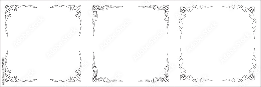 Set of three vector frames. Elegant black and white monochrome ornamental border for greeting cards, banners, invitations. Vector frame for all sizes and formats. Isolated vector illustration. Set of three vector frames. Elegant black and white monochrome ornamental border for greeting cards, banners, invitations. Vector frame for all sizes and formats. Isolated vector illustration.