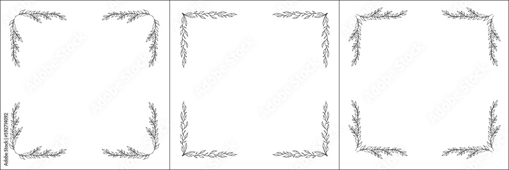 Set of three vector frames. Elegant black and white monochrome ornamental border for greeting cards, banners, invitations. Vector frame for all sizes and formats. Isolated vector illustration. Set of three vector frames. Elegant black and white monochrome ornamental border for greeting cards, banners, invitations. Vector frame for all sizes and formats. Isolated vector illustration.