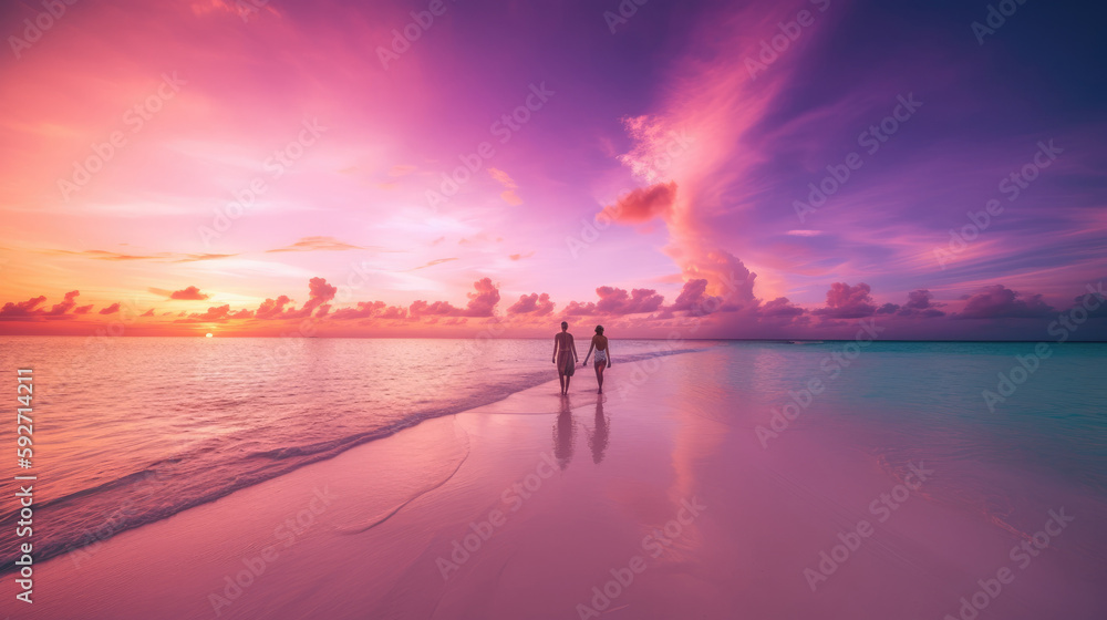 Fototapeta premium Couple walk along the pristine white sand beach at sunset. Generative AI
