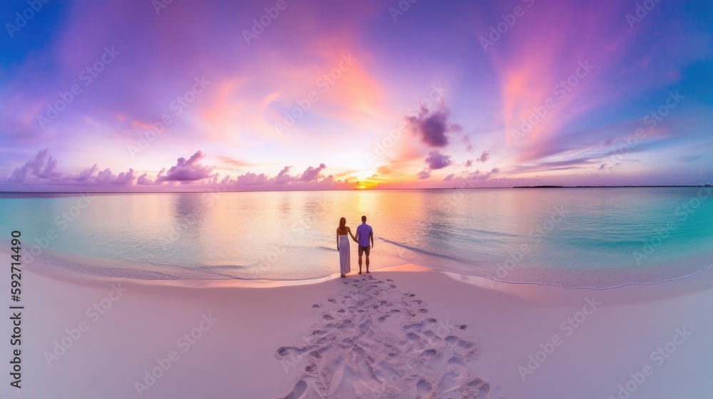 Couple walk along the pristine white sand beach at sunset. Generative AI